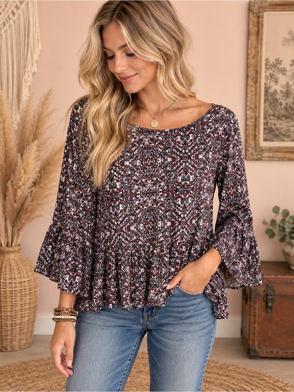 Free People Floral Peplum Tunic - Wine, Cream, Navy